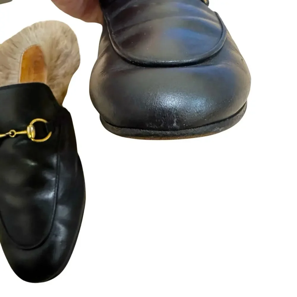 GUCCI Princetown Black Leather Fur Lined Loafer Mule with Bronze Horse Bit EU 37